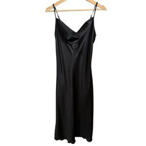 Bebe Satin Cowl Neck Midi Slip Dress Black Small Sultry Date Night GNO LBD